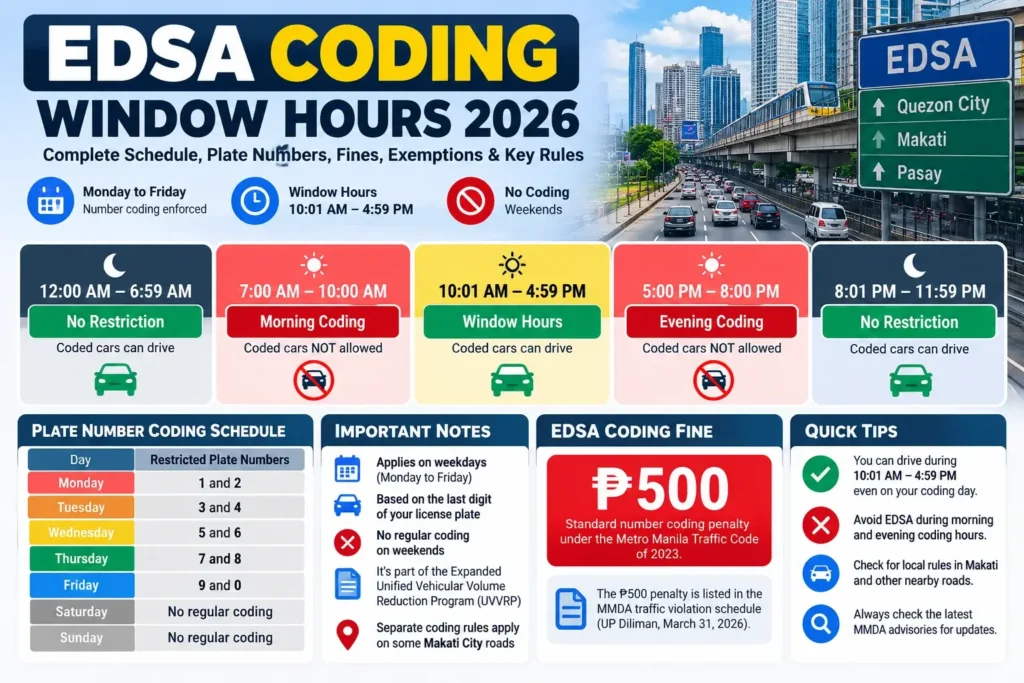 EDSA Coding Window Hours 2026 infographic showing the 10:01 AM–4:59 PM driving window, weekday plate restrictions, and ₱500 coding fine.